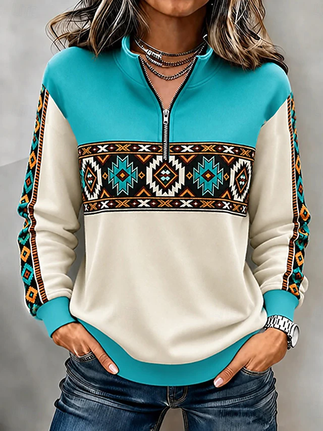 Women's Pullover Sweatshirt Zipper Floral Graphic Vintage Western Retro Long Sleeve High Neck Half Zip Regular Tops