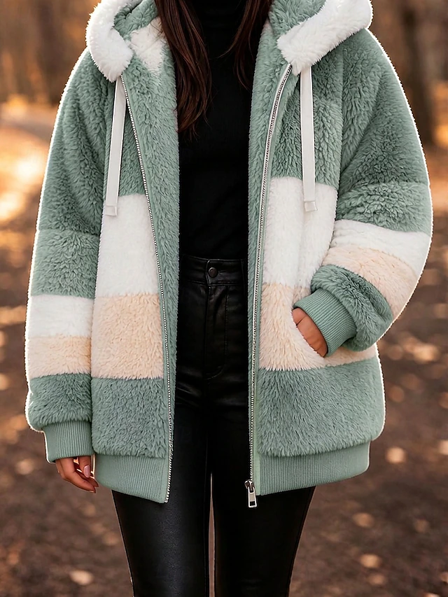 Women's Fleece Jacket Teddy Coat Hoodie Jacket Warm Breathable Zipper Pocket Fleece Lined Casual Stripe Vacation Street Daily Wear Going out Zipper