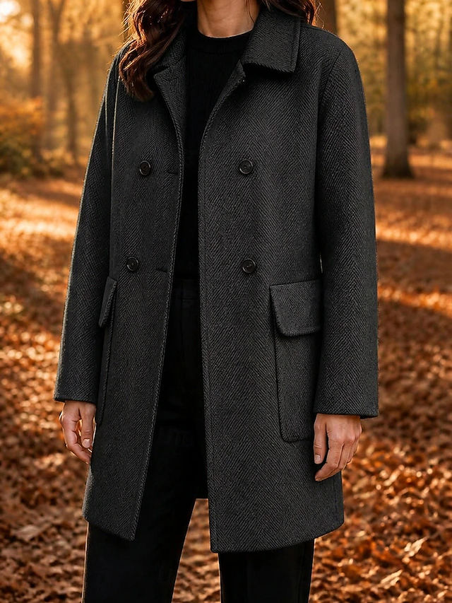 Women's Overcoat Peacoat Warm Pocket Buttons Elegant Classic Solid Color Casual Long Turndown Long Sleeve Outerwear Black Red Camel Fall Winter