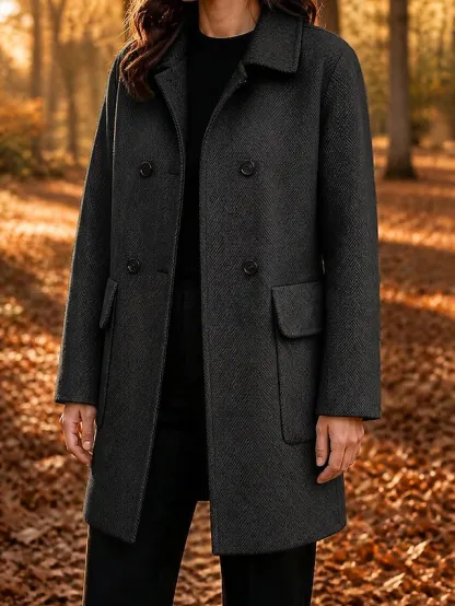 Women's Overcoat Peacoat Warm Pocket Buttons Elegant Classic Solid Color Casual Long Turndown Long Sleeve Outerwear Black Red Camel Fall Winter
