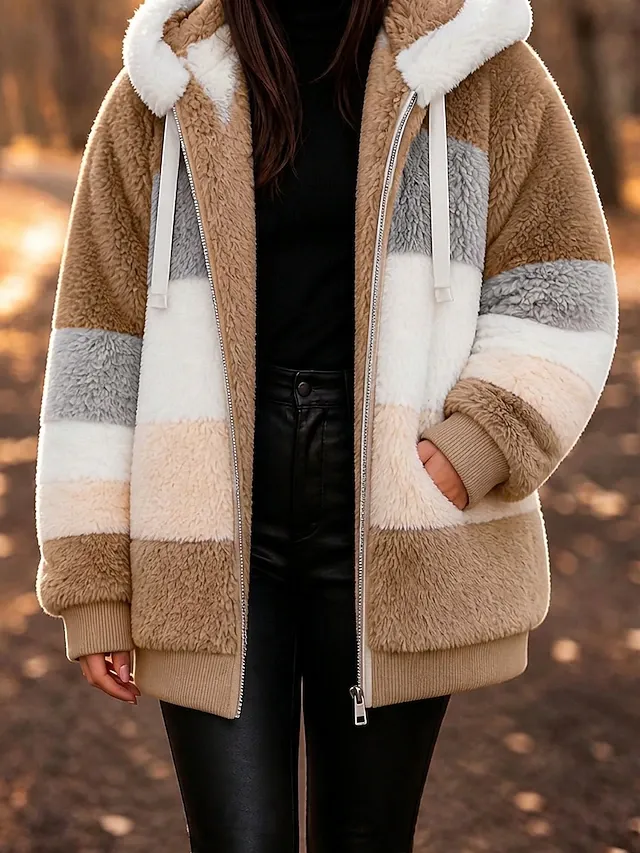 Women's Fleece Jacket Teddy Coat Hoodie Jacket Warm Breathable Zipper Pocket Fleece Lined Casual Stripe Vacation Street Daily Wear Going out Zipper