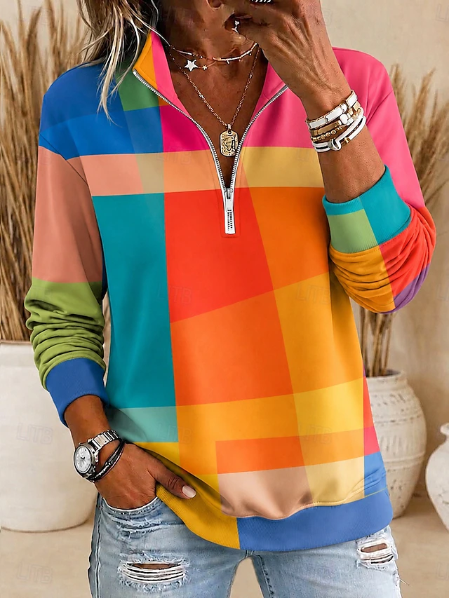 Women's Pullover Sweatshirt Zipper Graphic Geometric Casual Long Sleeve Half Zip Regular Tops