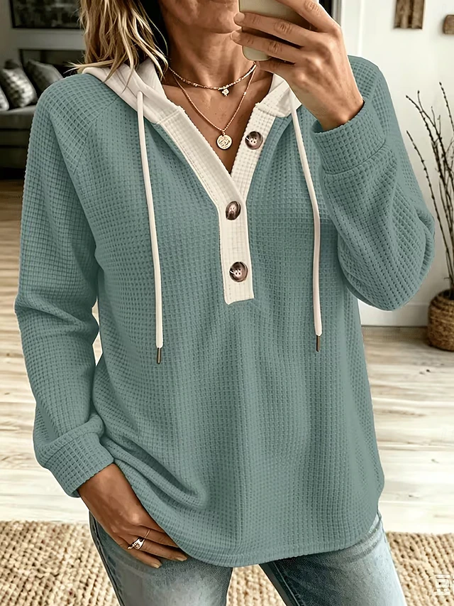 Women's Waffle Hoodies Textured Pullover Hoodie Sweatshirt Drawstring Plain Fashion Casual Print Long Sleeve Hooded Regular Tops