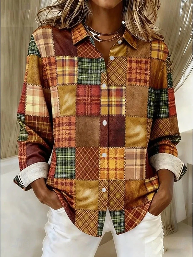 Women's Shirt Blouse Patchwork Buttons Print Graphic Geometric Plaid Vintage Daily Stylish Long Sleeve Shirt Collar Regular Tops
