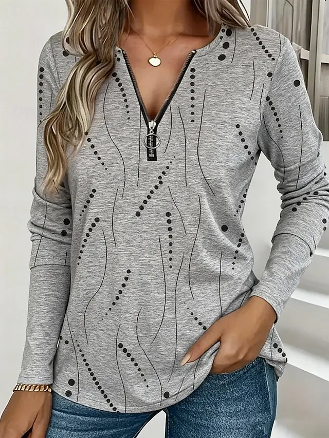 Women's T Shirt Zipper Print Graphic Geometric Vintage Fashion Stylish Long Sleeve Crew Neck V Neck Regular Tops