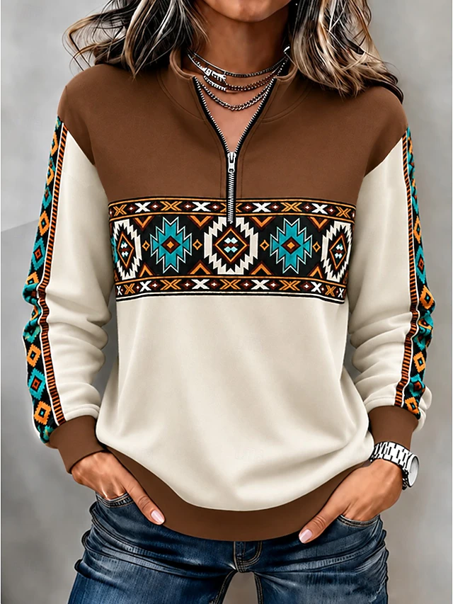 Women's Pullover Sweatshirt Zipper Floral Graphic Vintage Western Retro Long Sleeve High Neck Half Zip Regular Tops