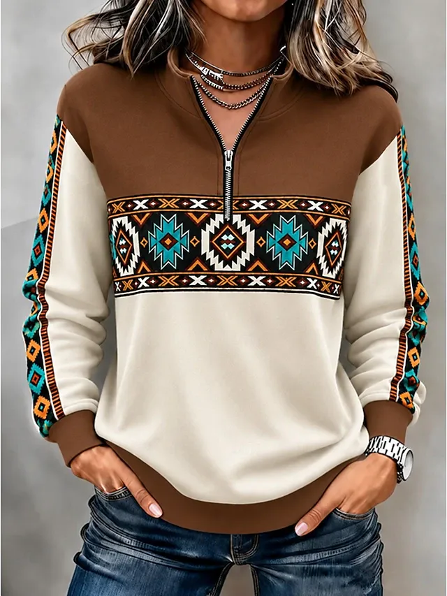 Women's Pullover Sweatshirt Zipper Floral Graphic Vintage Western Retro Long Sleeve High Neck Half Zip Regular Tops