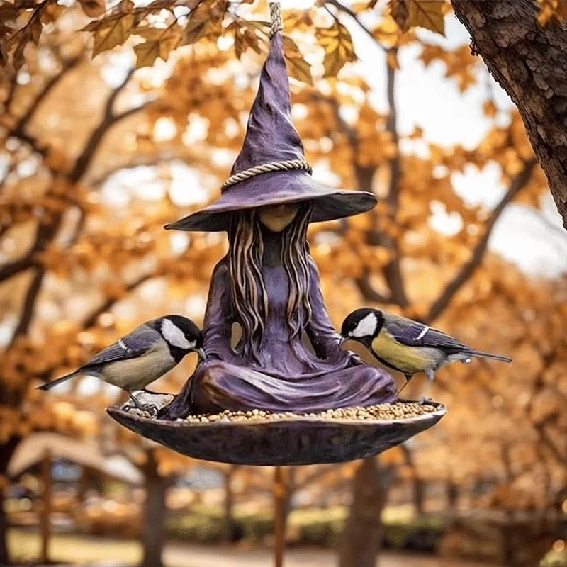 Hanging bird feeder "Meditating Witch", creative and magical decoration for garden, patio and terrace, durable material.