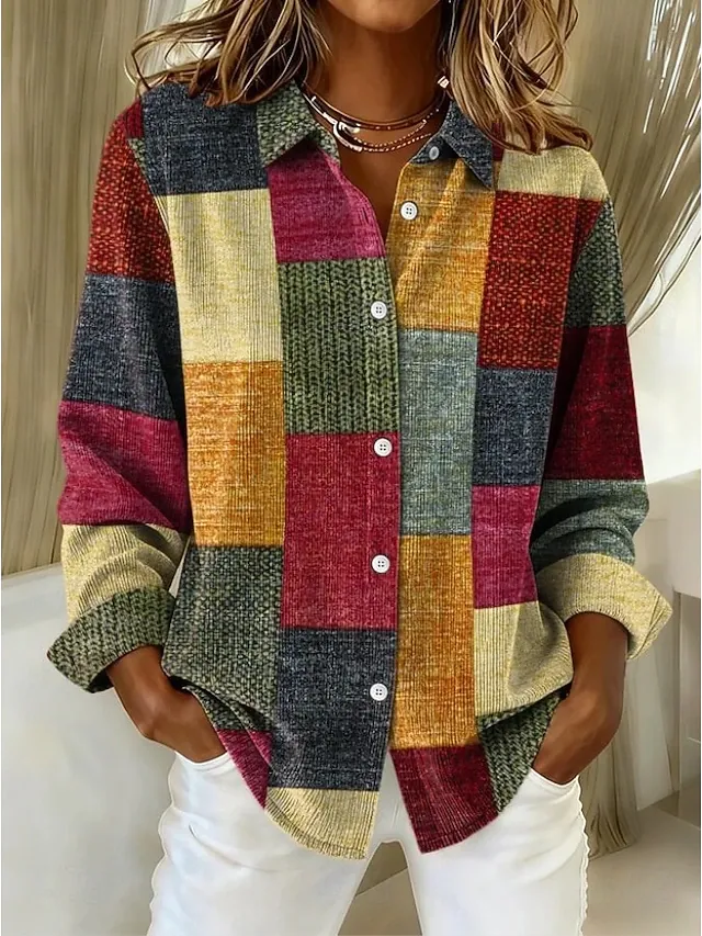 Women's Shirt Blouse Patchwork Buttons Print Graphic Geometric Plaid Vintage Daily Stylish Long Sleeve Shirt Collar Regular Tops