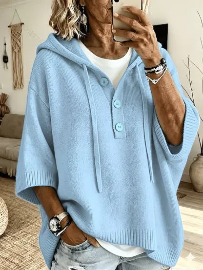 Women's Half Button Hoodie Sweater 3/4 Length Sleeve Casual Knit Pullover Sweater with Drawstring