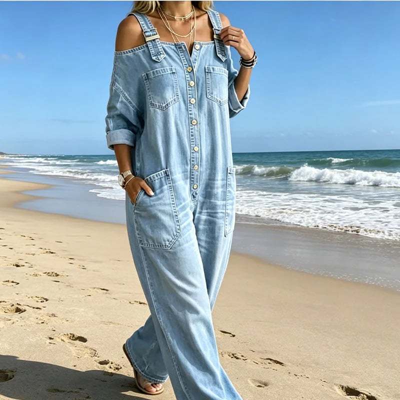 Loose Fit Wide-Leg Overall Jumpsuit with Pockets