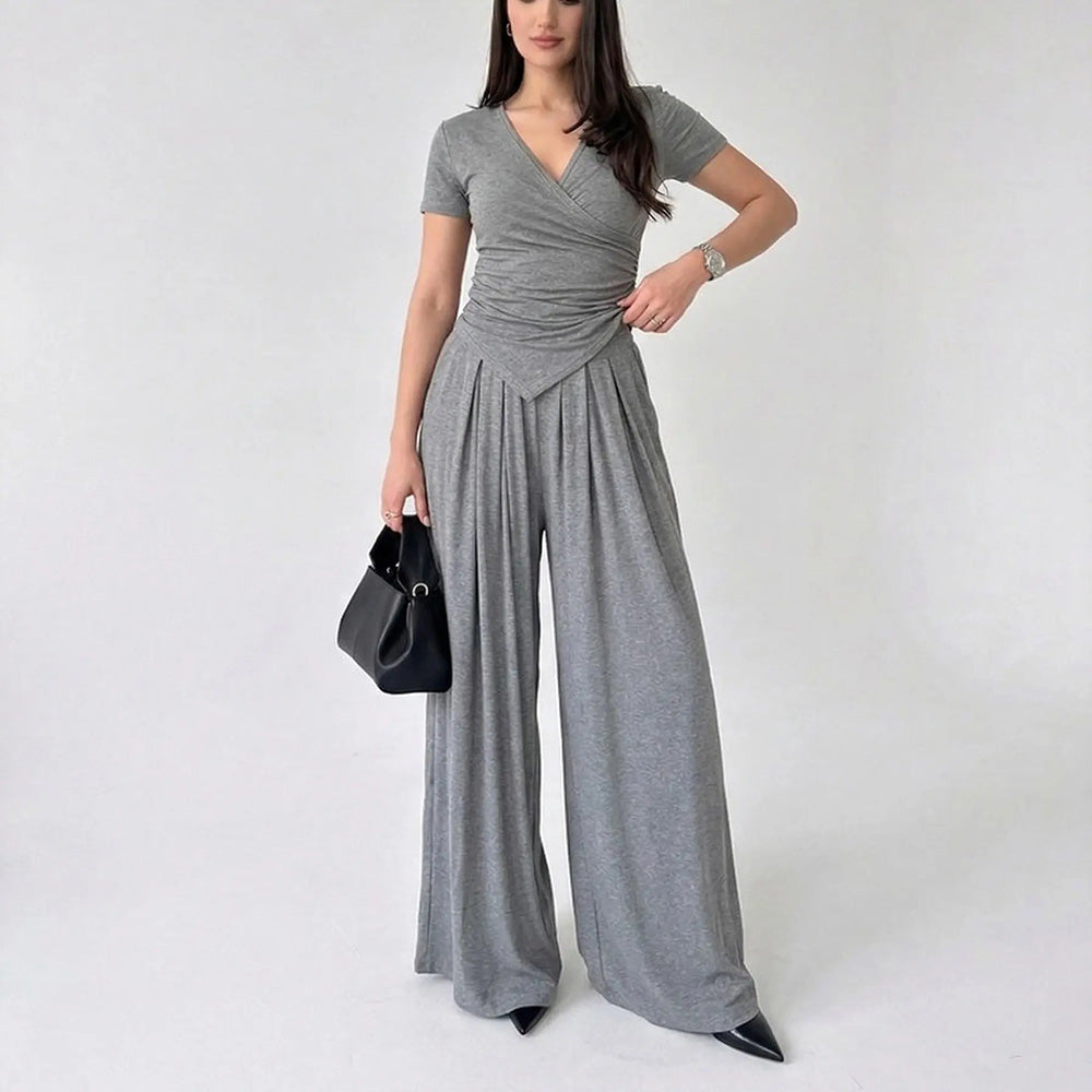 V Neck Wrap Top & High Waist Wide Leg Pants Set