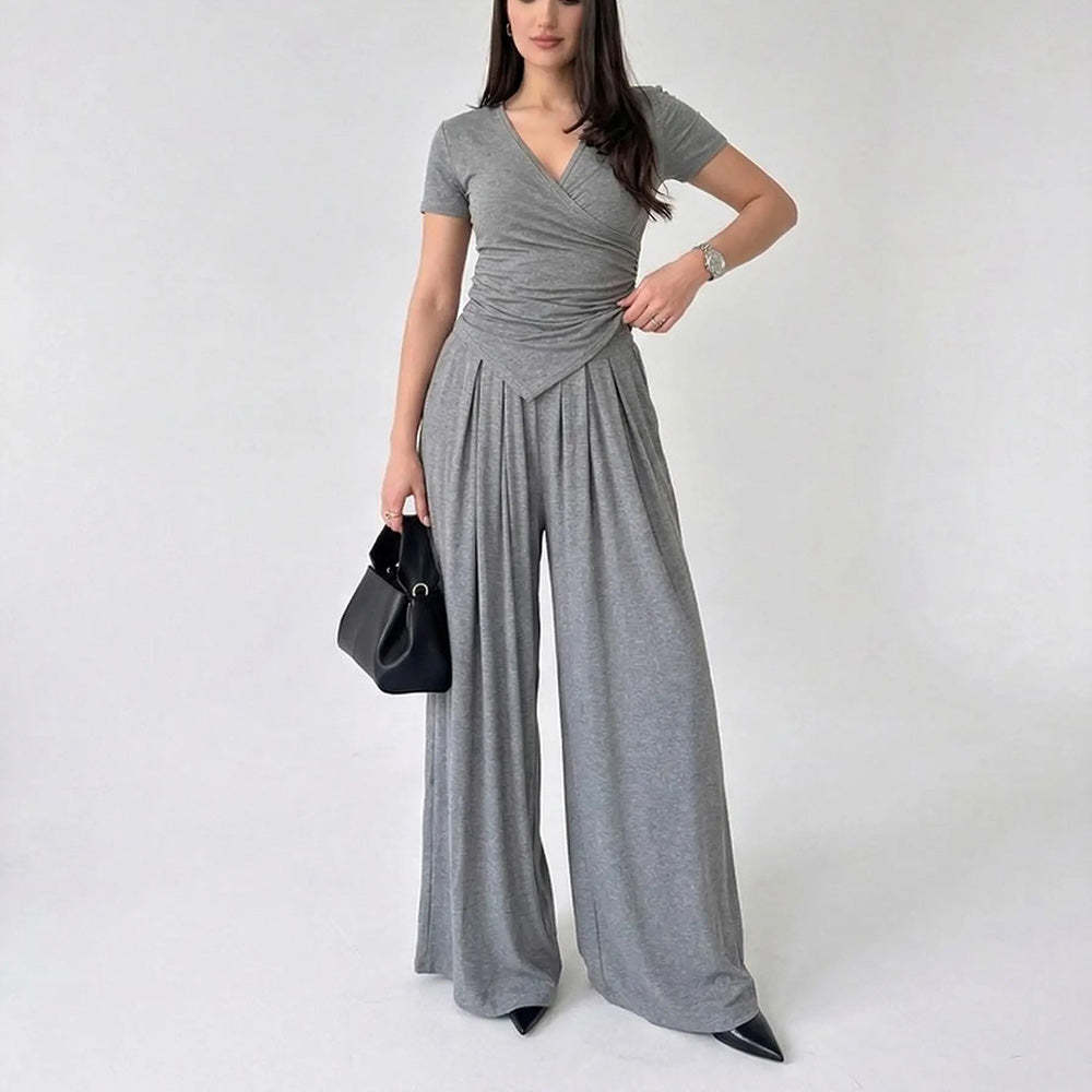 V Neck Wrap Top & High Waist Wide Leg Pants Set