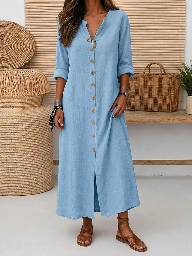 Women's Maxi Dress Linen-feel Dresses Vintage Daily Loose Fit Pure Color Long Sleeve V Neck