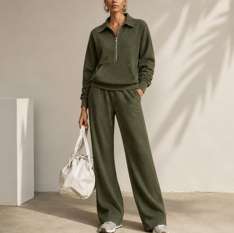 Warm and Flattering Half-Zip Collar Lounge Set with Wide-Leg Pants