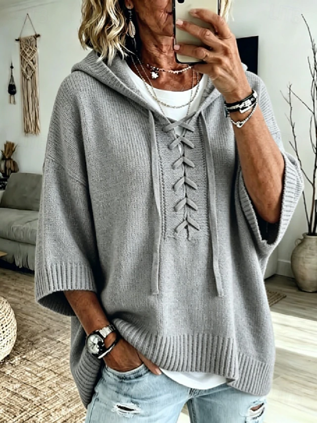 Women's Knit Hoodie Pullover Sweater Casual 3/4 Length Sleeve Lace Up Sweatshirt with Hood for Fall
