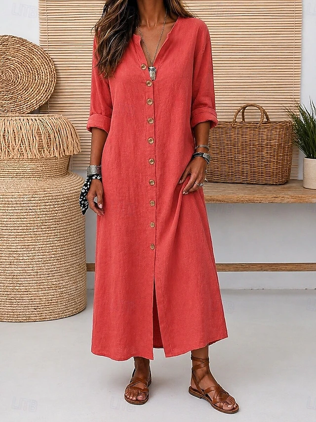 Women's Maxi Dress Linen-feel Dresses Vintage Daily Loose Fit Pure Color Long Sleeve V Neck