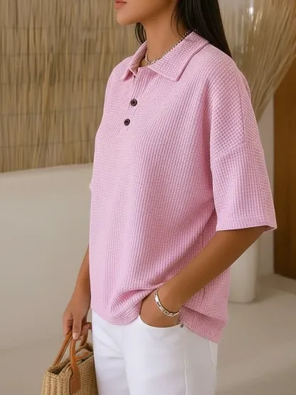 Women's Waffle Shirt Solid Color Elegant Active Vacation Half Sleeve V Neck Long Tops Daily Outdoor Streetwear