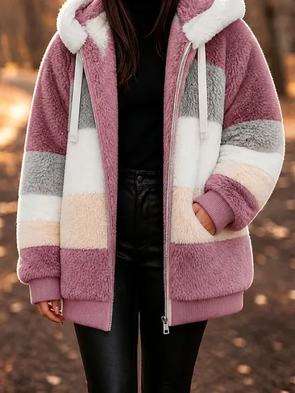 Women's Fleece Jacket Teddy Coat Hoodie Jacket Warm Breathable Zipper Pocket Fleece Lined Casual Stripe Vacation Street Daily Wear Going out Zipper