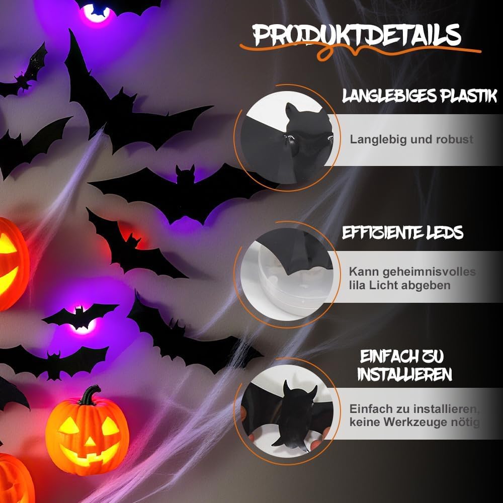 104PCS Halloween 3D Lighted Bats / SpiderWall Decors