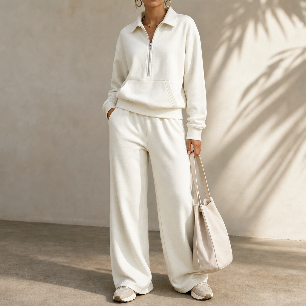 Warm and Flattering Half-Zip Collar Lounge Set with Wide-Leg Pants