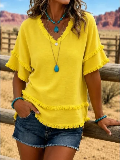 Women's V Neck Fringe Trim Short Sleeve Blouse Double Layer Frayed Raw Hem Crinkle Textured Loose Casual Tunic Top