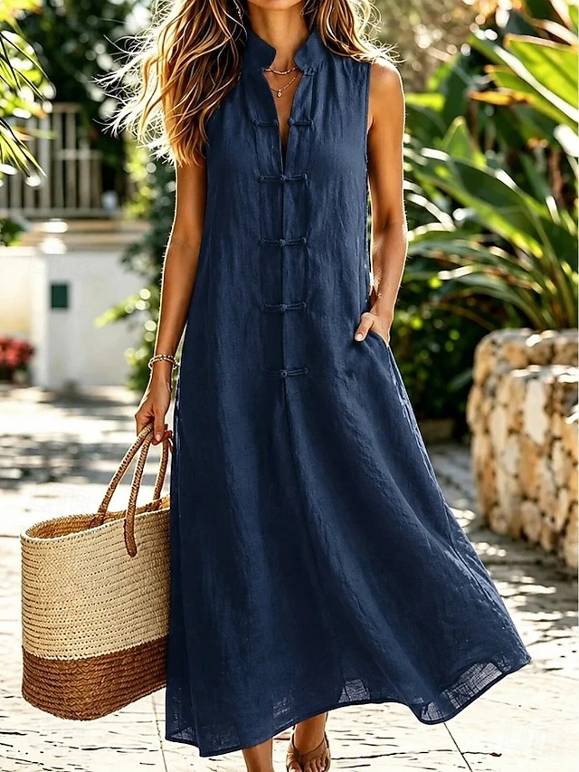 Women's Midi Dress Shift Dress Sundress White Dress A Line Dress Vacation Casual Boho Daily Holiday Summer Dress Plain Sleeveless Mandarin Collar Blue White Navy Pink Summer Fall