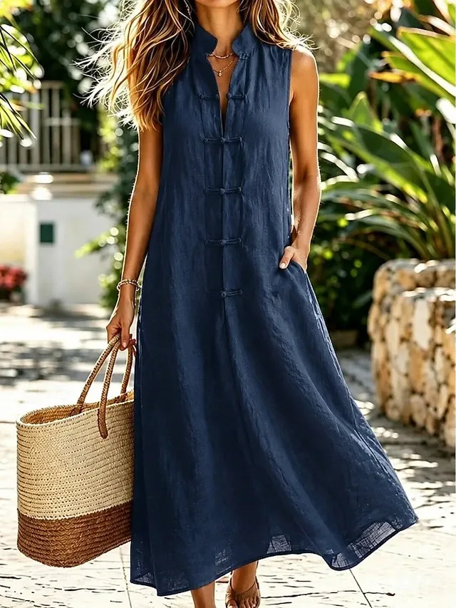 Women's Midi Dress Shift Dress Sundress White Dress A Line Dress Vacation Casual Boho Daily Holiday Summer Dress Plain Sleeveless Mandarin Collar Blue White Navy Pink Summer Fall