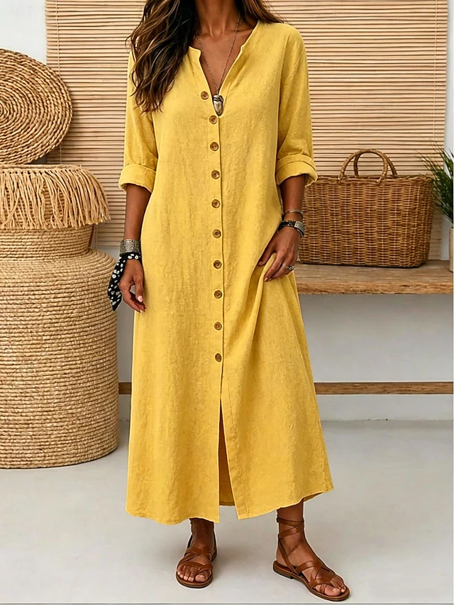 Women's Maxi Dress Linen-feel Dresses Vintage Daily Loose Fit Pure Color Long Sleeve V Neck