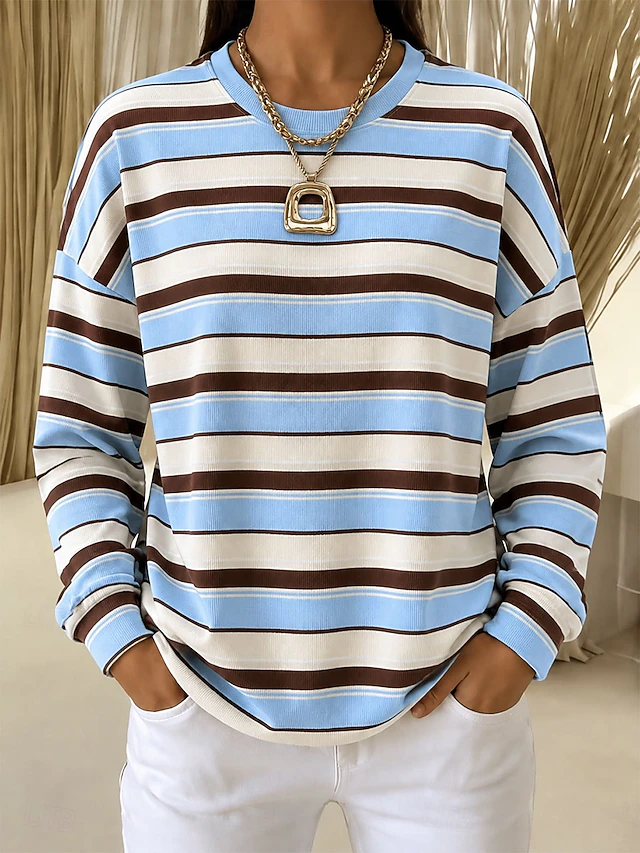 Women's Pullover Sweatshirt Striped Fashion Casual Long Sleeve Crew Neck Long Tops