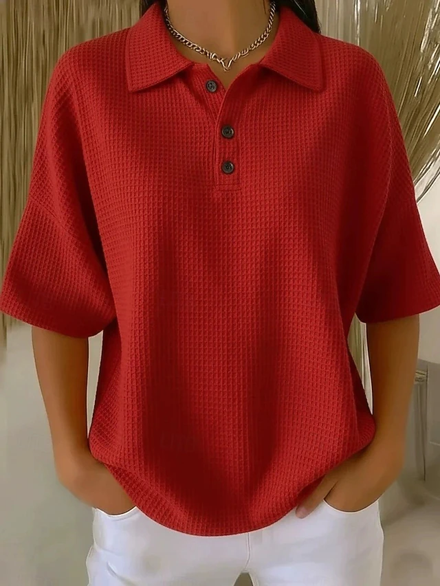 Women's Waffle Shirt Solid Color Elegant Active Vacation Half Sleeve V Neck Long Tops Daily Outdoor Streetwear