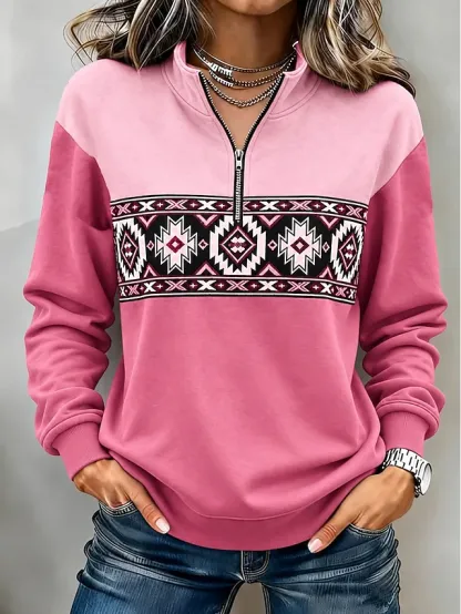Women's Pullover Sweatshirt Zipper Floral Graphic Vintage Western Retro Long Sleeve High Neck Half Zip Regular Tops