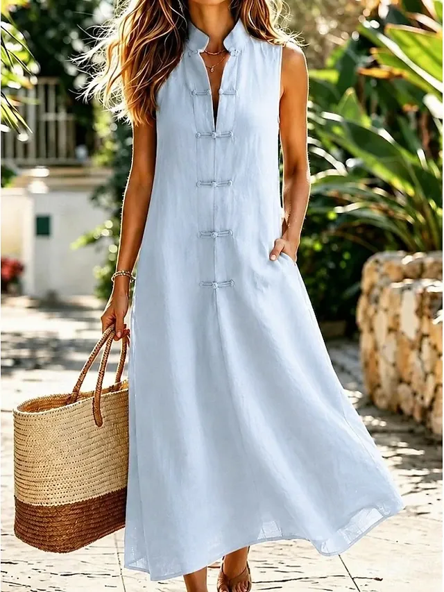 Women's Midi Dress Shift Dress Sundress White Dress A Line Dress Vacation Casual Boho Daily Holiday Summer Dress Plain Sleeveless Mandarin Collar Blue White Navy Pink Summer Fall