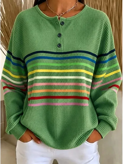Women's Textured Pullover Sweatshirt Buttons Graphic Geometric Plaid Fashion Casual Print Long Sleeve Crew Neck Round Neck Regular Tops