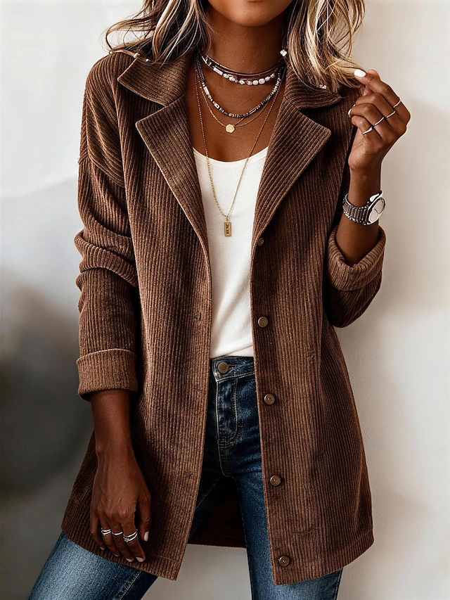 Women's Long Coat Blazer Corduroy Jacket Lightweight Buttons Elegant Modern Solid