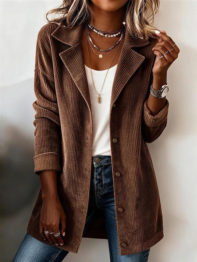 Women's Long Coat Blazer Corduroy Jacket Lightweight Buttons Elegant Modern Solid