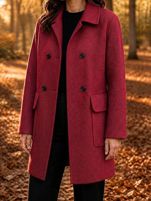 Women's Overcoat Peacoat Warm Pocket Buttons Elegant Classic Solid Color Casual Long Turndown Long Sleeve Outerwear Black Red Camel Fall Winter