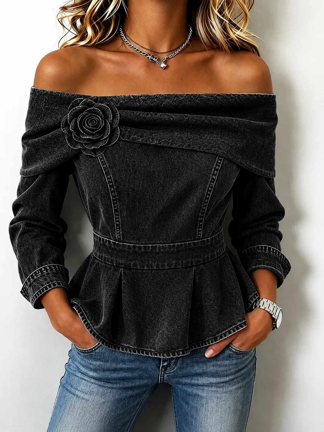 Chic Off-shoulder Denim Peplum Top