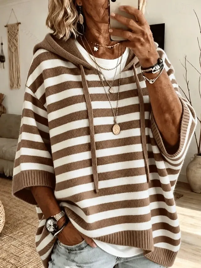 Women's Sweater Pullover Sweater Jumper Vacation Daily Stylish Hooded Knitted Hooded 3/4 Length Sleeve Crop Tops Knit Daily Holiday Date Khaki Black Fall Winter