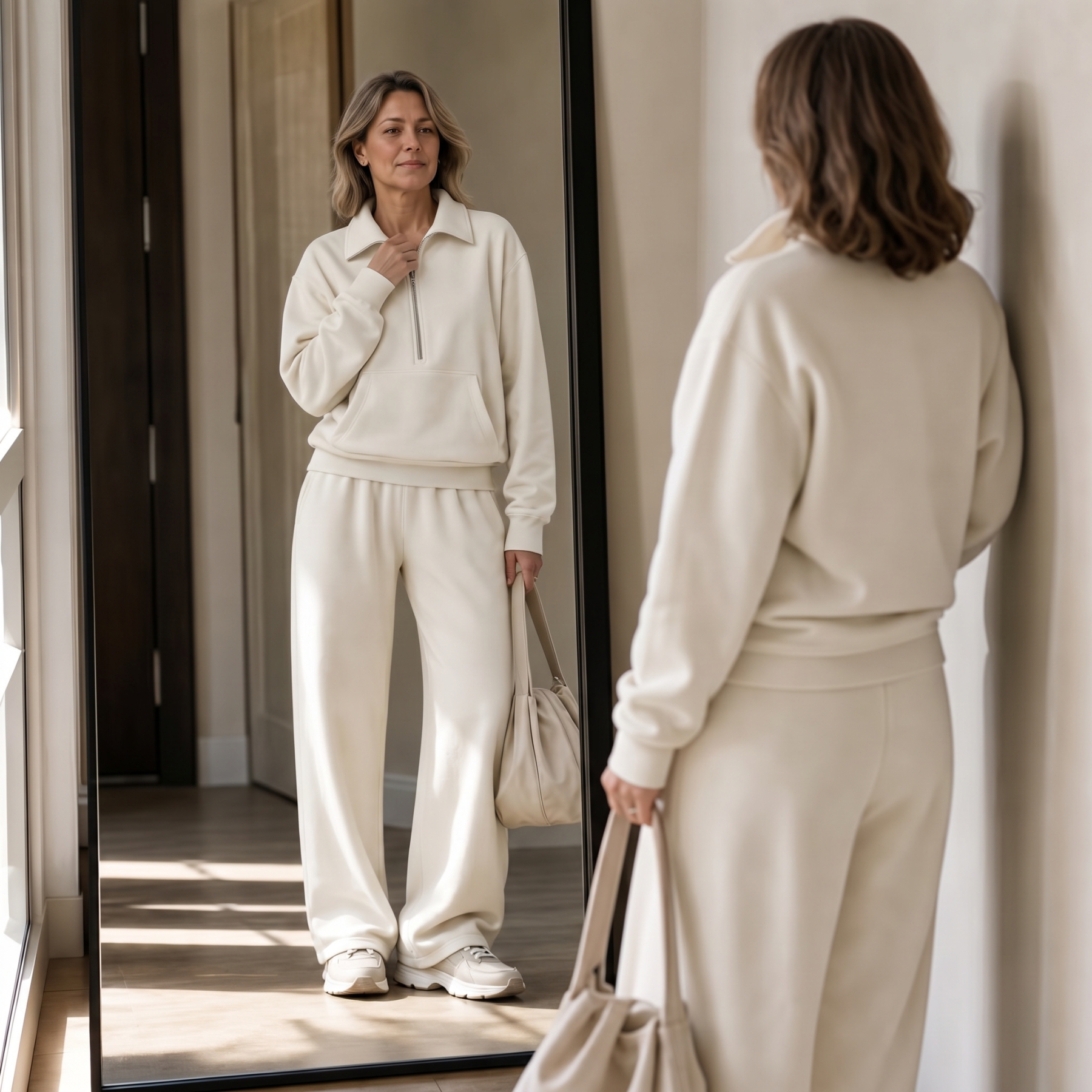 Warm and Flattering Half-Zip Collar Lounge Set with Wide-Leg Pants
