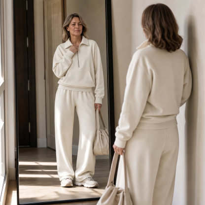 Warm and Flattering Half-Zip Collar Lounge Set with Wide-Leg Pants