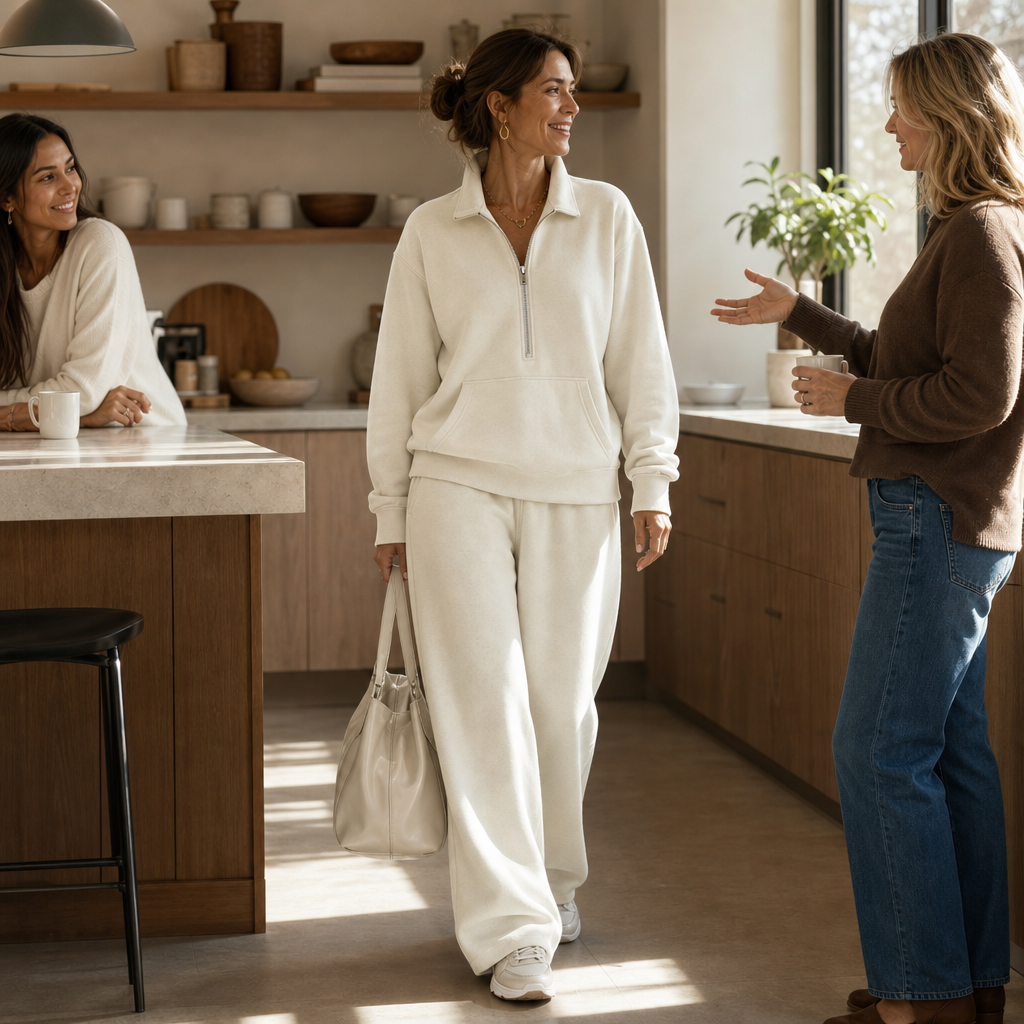 Warm and Flattering Half-Zip Collar Lounge Set with Wide-Leg Pants