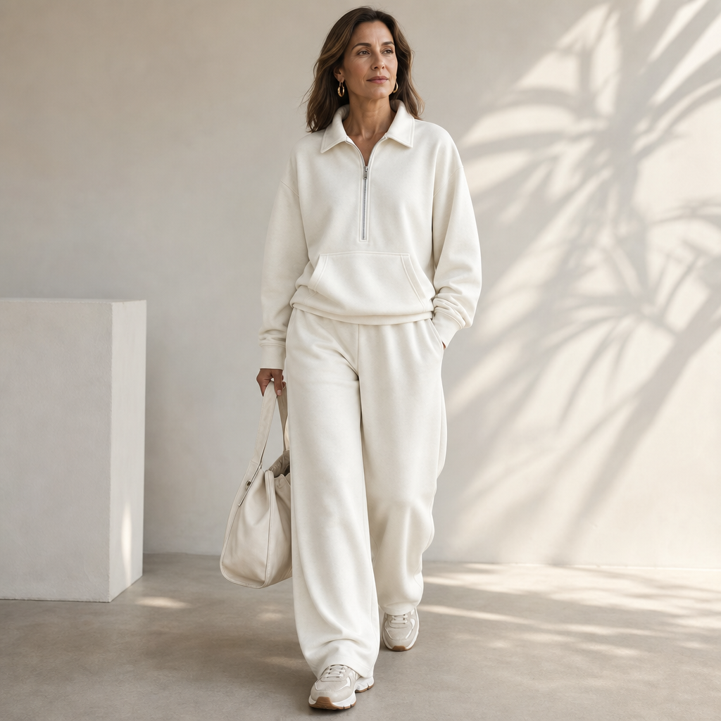 Warm and Flattering Half-Zip Collar Lounge Set with Wide-Leg Pants