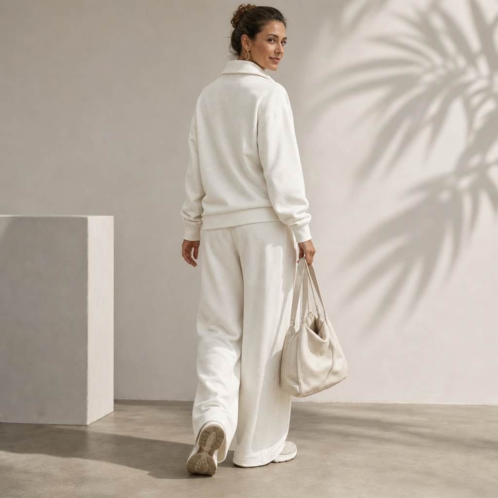 Warm and Flattering Half-Zip Collar Lounge Set with Wide-Leg Pants