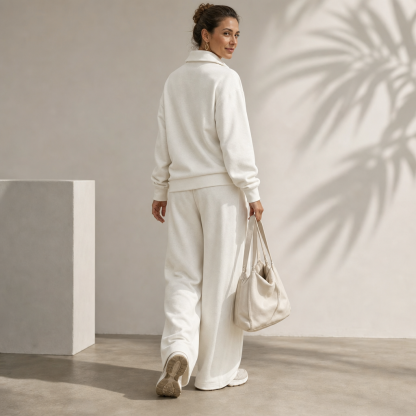Warm and Flattering Half-Zip Collar Lounge Set with Wide-Leg Pants