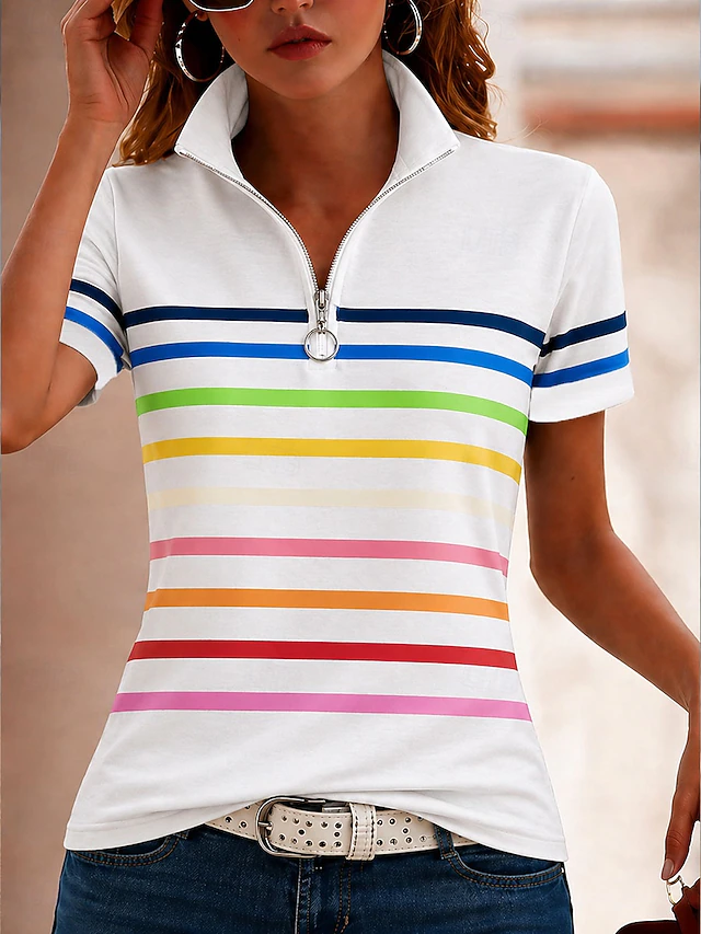 Women's T Shirt Zipper Quarter Zip Striped Graphic Color Block Striped Vintage Tropical Hawaiian Short