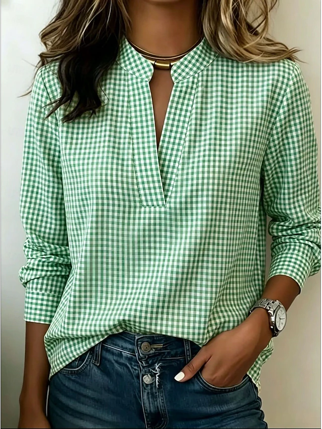Women's Black White Mini Gingham Mandarin Collar Half Placket Long Sleeve Loose Casual Work Blouse
