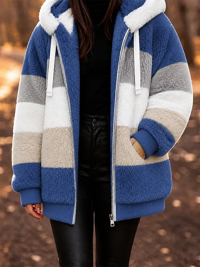 Women's Fleece Jacket Teddy Coat Hoodie Jacket Warm Breathable Zipper Pocket Fleece Lined Casual Stripe Vacation Street Daily Wear Going out Zipper