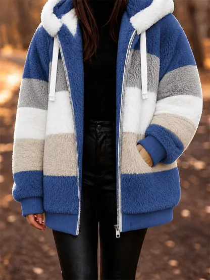 Women's Fleece Jacket Teddy Coat Hoodie Jacket Warm Breathable Zipper Pocket Fleece Lined Casual Stripe Vacation Street Daily Wear Going out Zipper