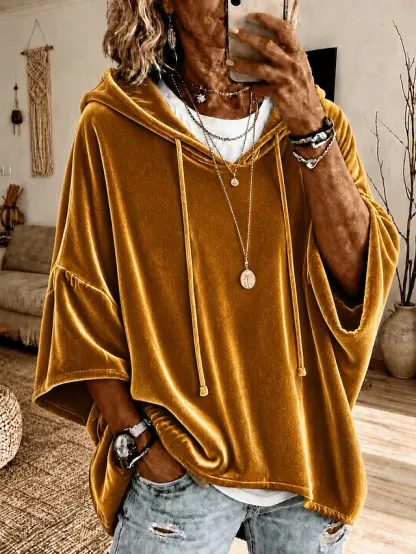 Women's Shirt Velvet Blouse Plain Vacation Fashion Modern 3/4 Sleeve Hooded Long Tops Casual